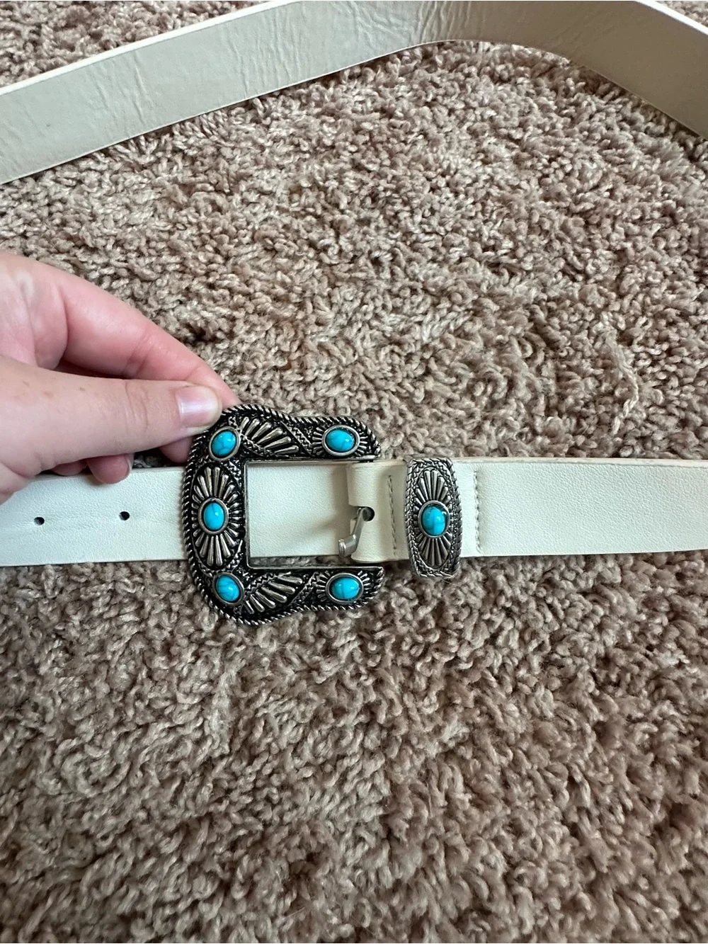 Source Unknown Cream Belt with Turquoise-Accent Western Buckle